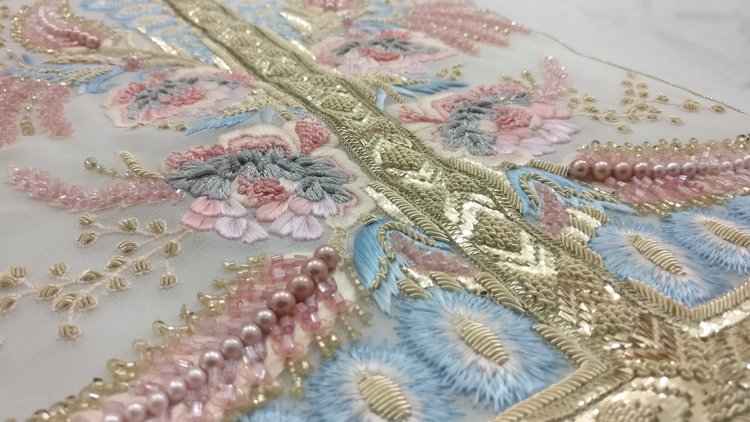 Marie Antoinette inspired hand embroidery with thread-work, pearls, beads and gold work for a couture gown. 