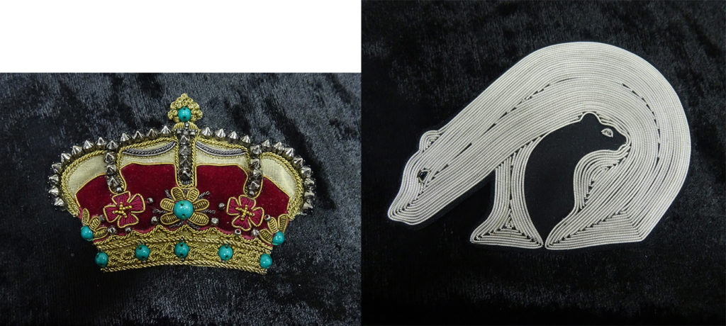 hand embroidered patches, hand beaded brooches, crown made with gold bullion wires and beads. 