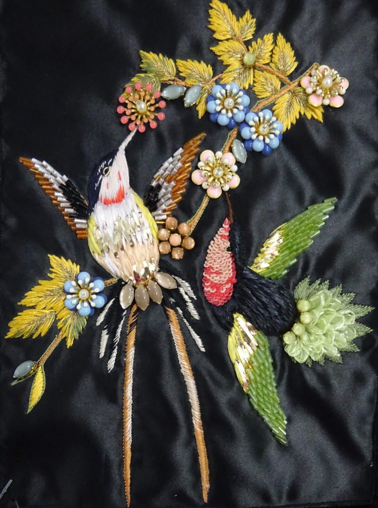 Bird and floral hand embroidery with raffia and stones, couture embroidery, pret a porter embroidery, sweatshirt embroidery