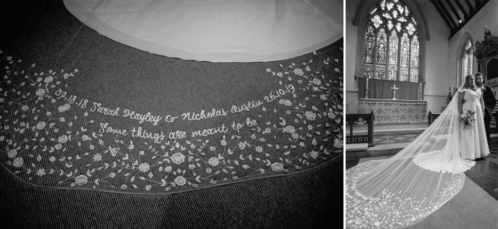 Customized and personalized bridal veil with date and quote hand embroidered by Ricamour embroideries