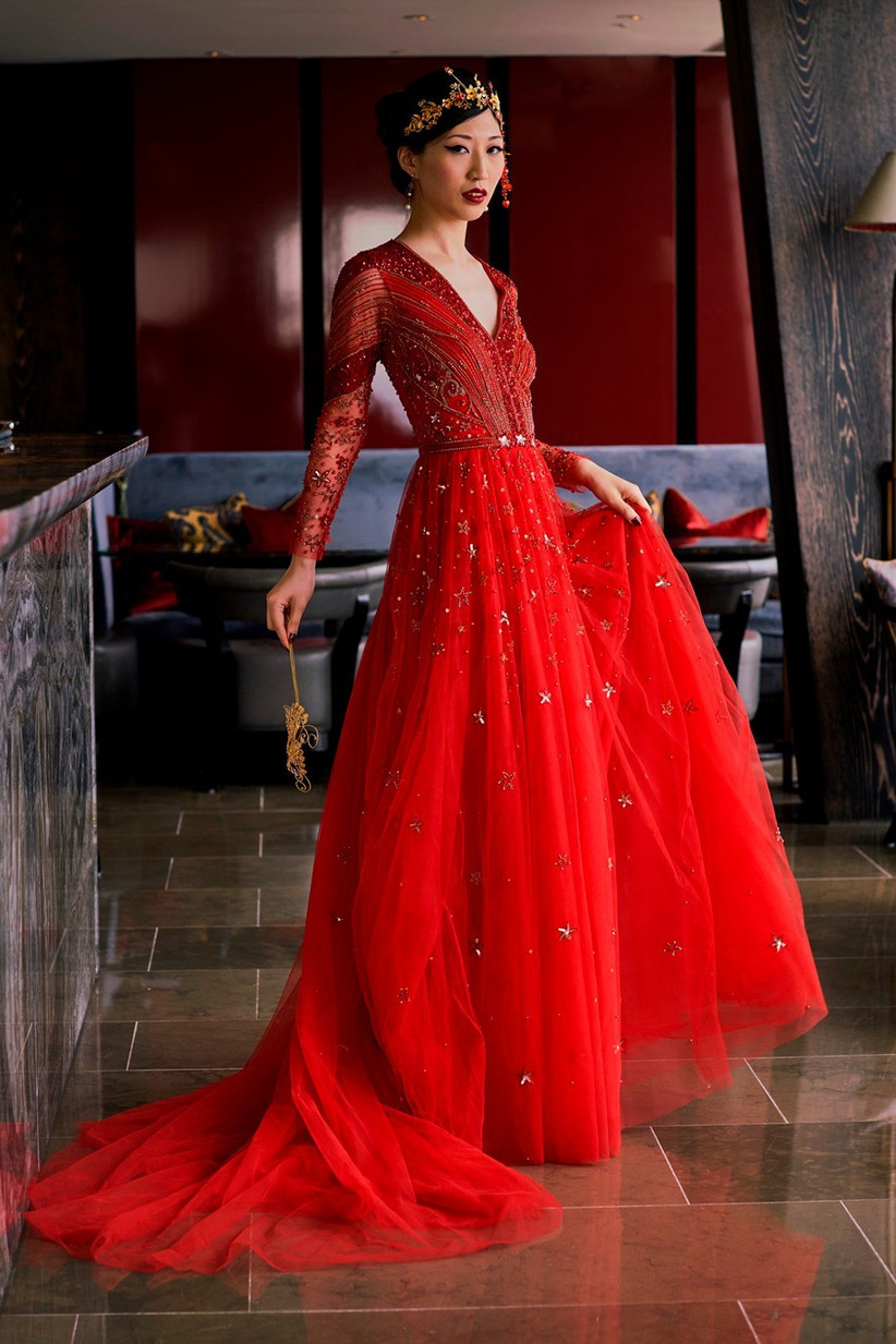 OSTTY - Red V Neck Long Sleeves Beading Wedding Dress OS3915 $1,299.99