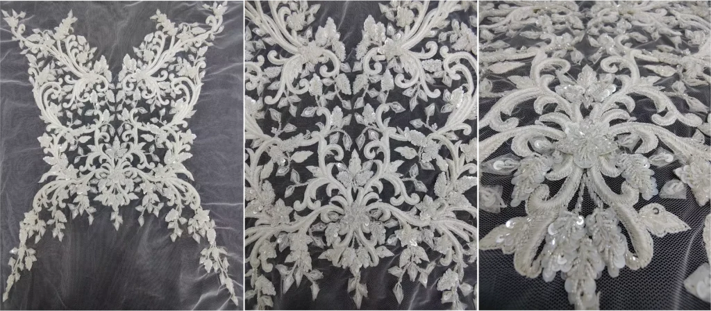 Beaded bridal bodice with 3D effect and sequins by Ricamour Embroideries