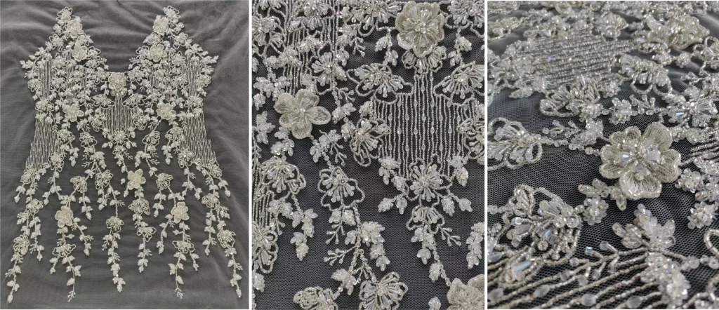 Hand Beaded floral bridal bodice design Bridal bodice design for couture dress with 3D encrusted flowers, crystals, sequins, beads by Ricamour Embroideries