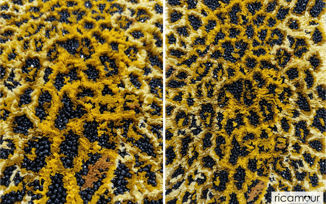 A leopard print inspired 3D hand embroidered design with raffia and beads
