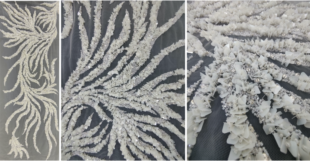 3D hand embroidered luxury bridal fabric with sequins, stones and beads