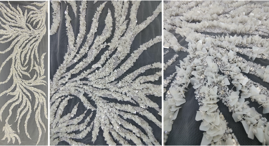3D hand embroidered luxury bridal fabric with sequins, stones and beads