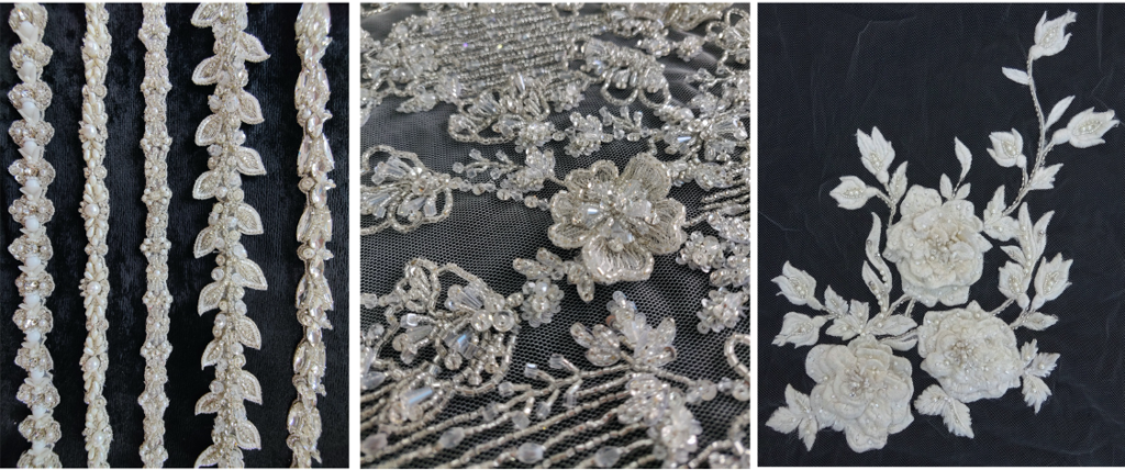 Bespoke hand embroidered bridal designs with 3D flowers, bridal sashes and thread embroidery