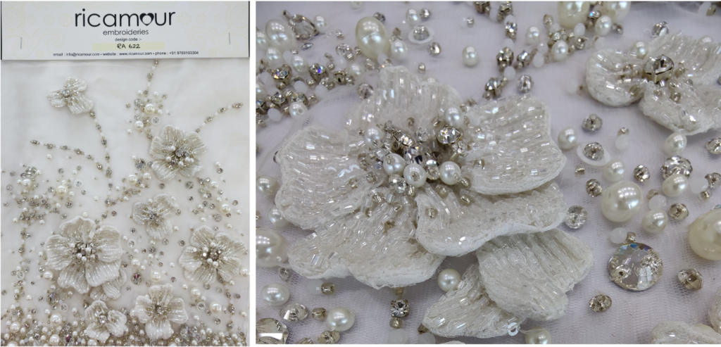 3D hand-beaded floral design for a  bridal gown