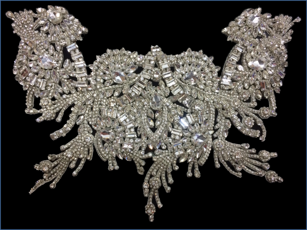 Hand made neckline with crystals and rhinestones for a bridal gown