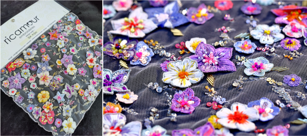 Hand-embroidered 3D flowers made with threadwork, sequins, beads for a couture dress