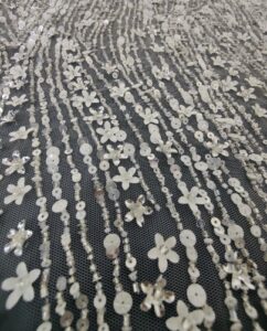 Light-weight hand beaded bridal fabric with sequins, crystals and beads