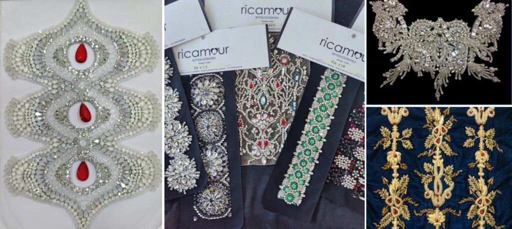Hand beaded designs by Ricamour Embroideries with rhinestones,