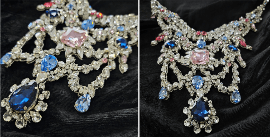 Hand-beaded neckline appliques made with crystals by Ricamour Embroideries