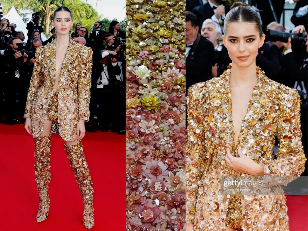 Cannes couture outfit with gold 3D flowers hand embroidered by Ricamour Embroideries for Nicholas Jebran
