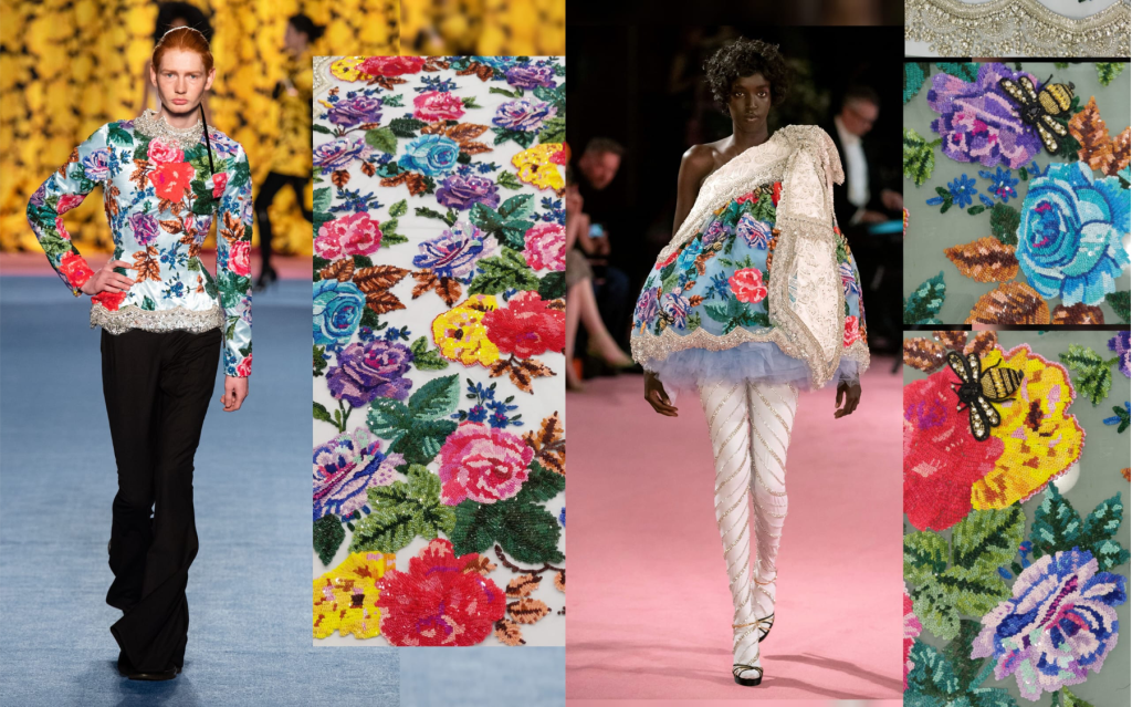 Richard Quinn couture gowns hand-embroidered by Ricamour. Embellished flowers