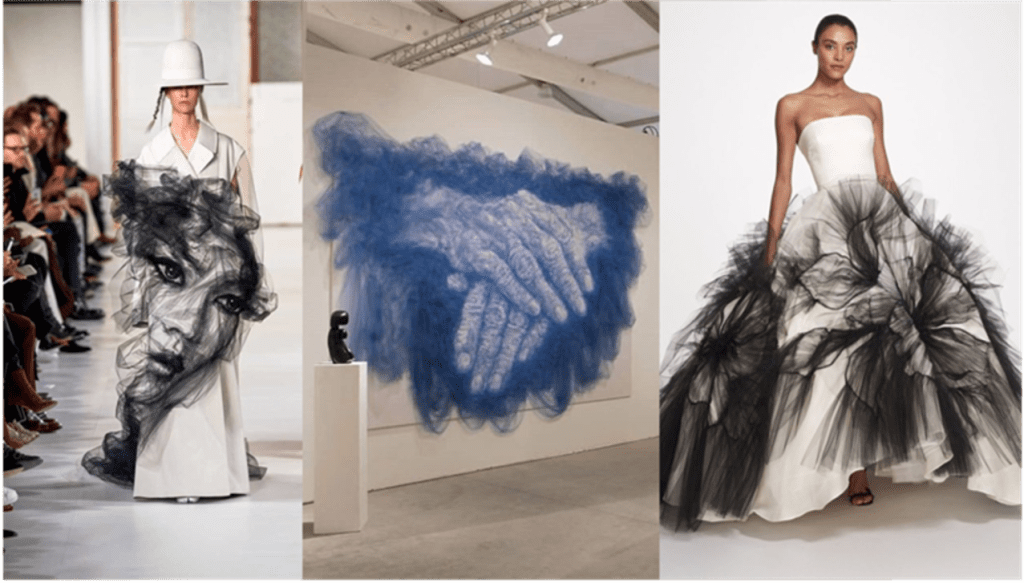 Hand-made drapes and tulle flowers for couture and art installation. 