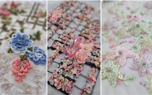 Hand embroidered design by Ricamour for fashion, costume, art and interiors