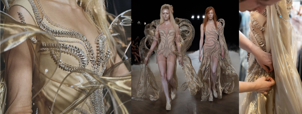Hand embroidery for Iris Van Herpen at Paris Couture Week. It's leather embroidery with crystals 