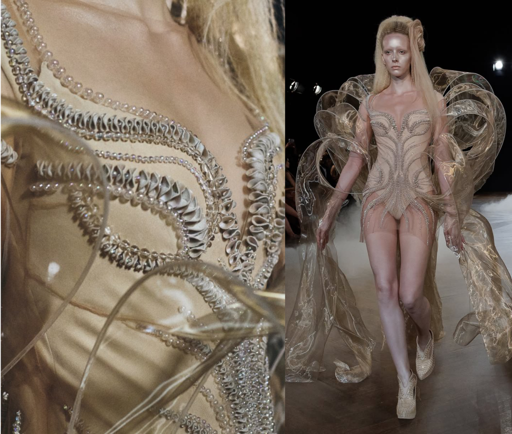 Hand embroidery with laser cut leather and crystals for Iris Van Herpen at Paris Couture Week