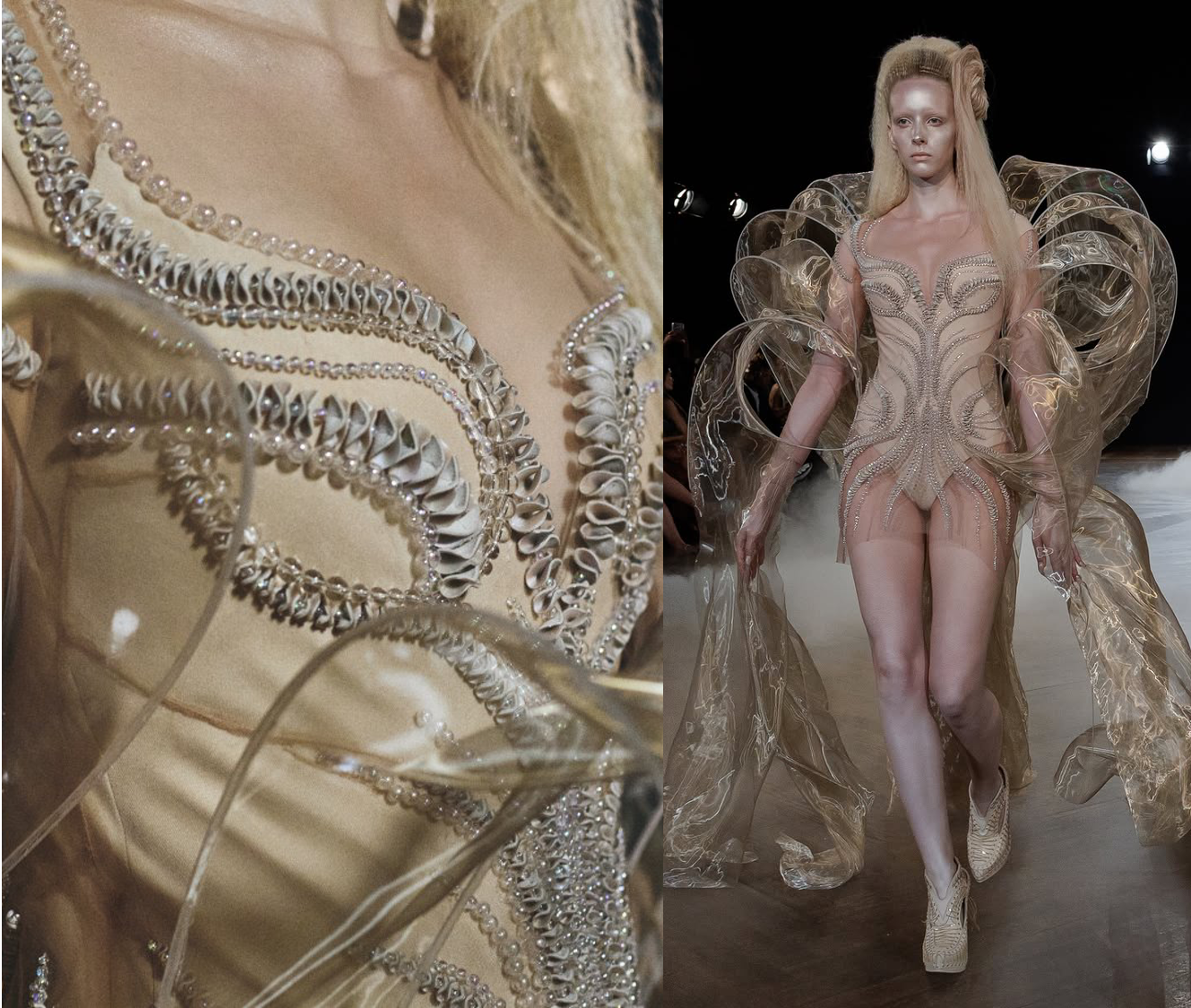 Hand embroidery with laser cut leather and crystals for Iris Van Herpen at Paris Couture Week