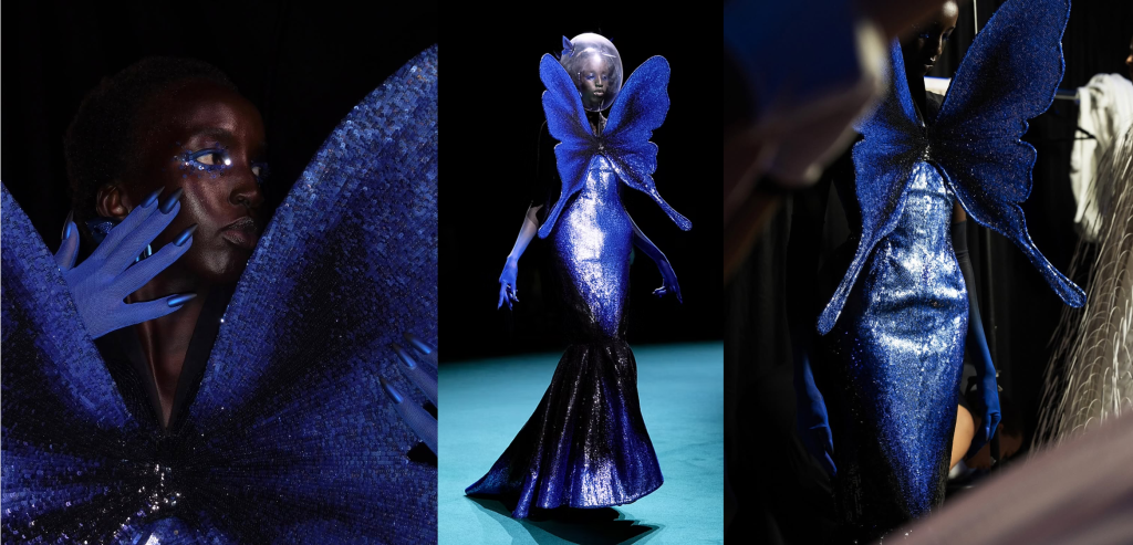Hand embroidery for Robert Wun at Paris Couture Week. #D butterfly with sequins and beads 